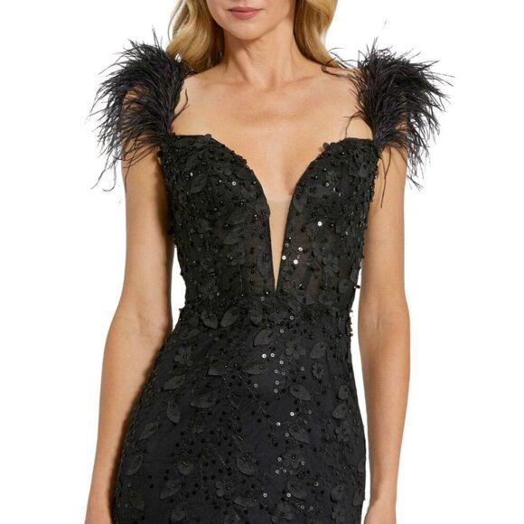 Mac Duggal 20889 Size 10 Black Floral Applique Bustier Feathers Gown Maxi Dress - Picture 3 of 4